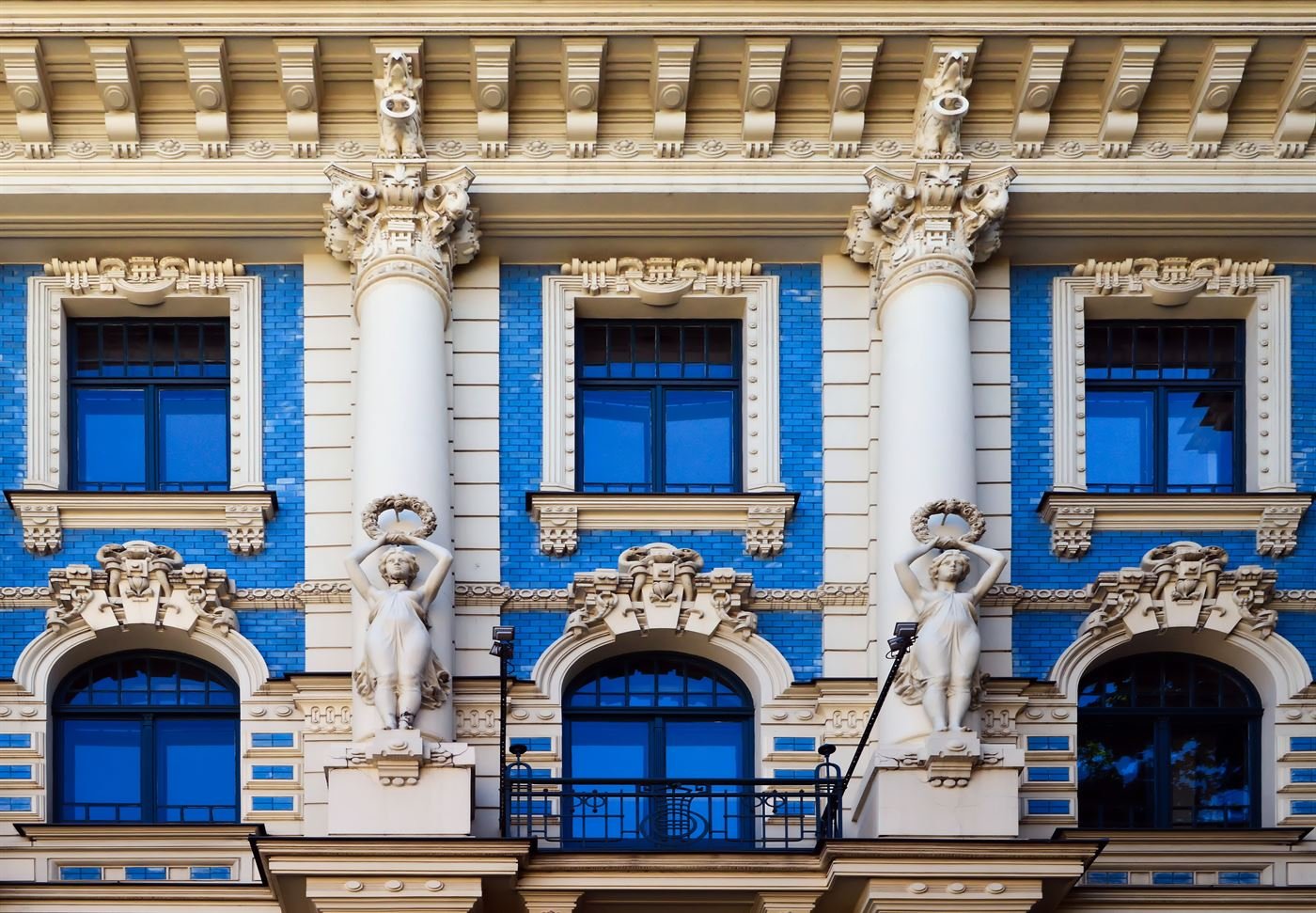 Art Nouveau façade of Strēlnieku iela 4a in Riga, opposite Art Cafe Sienna