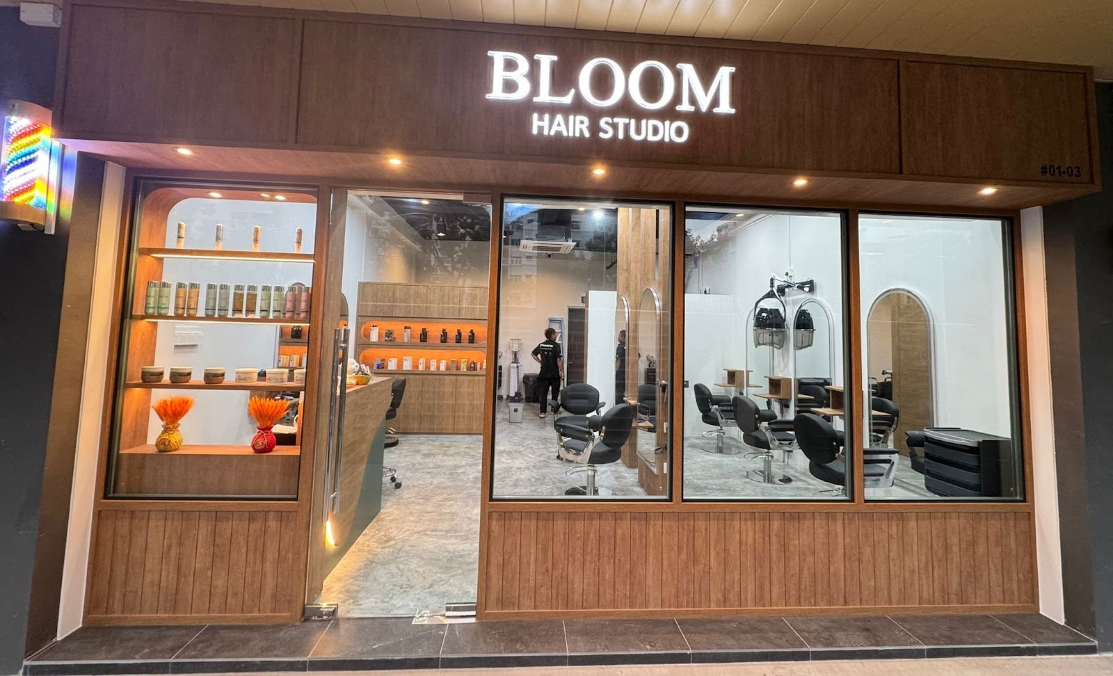 Bloom Hair Studio storefront and interior at 587 Pasir Ris Drive 3, Singapore