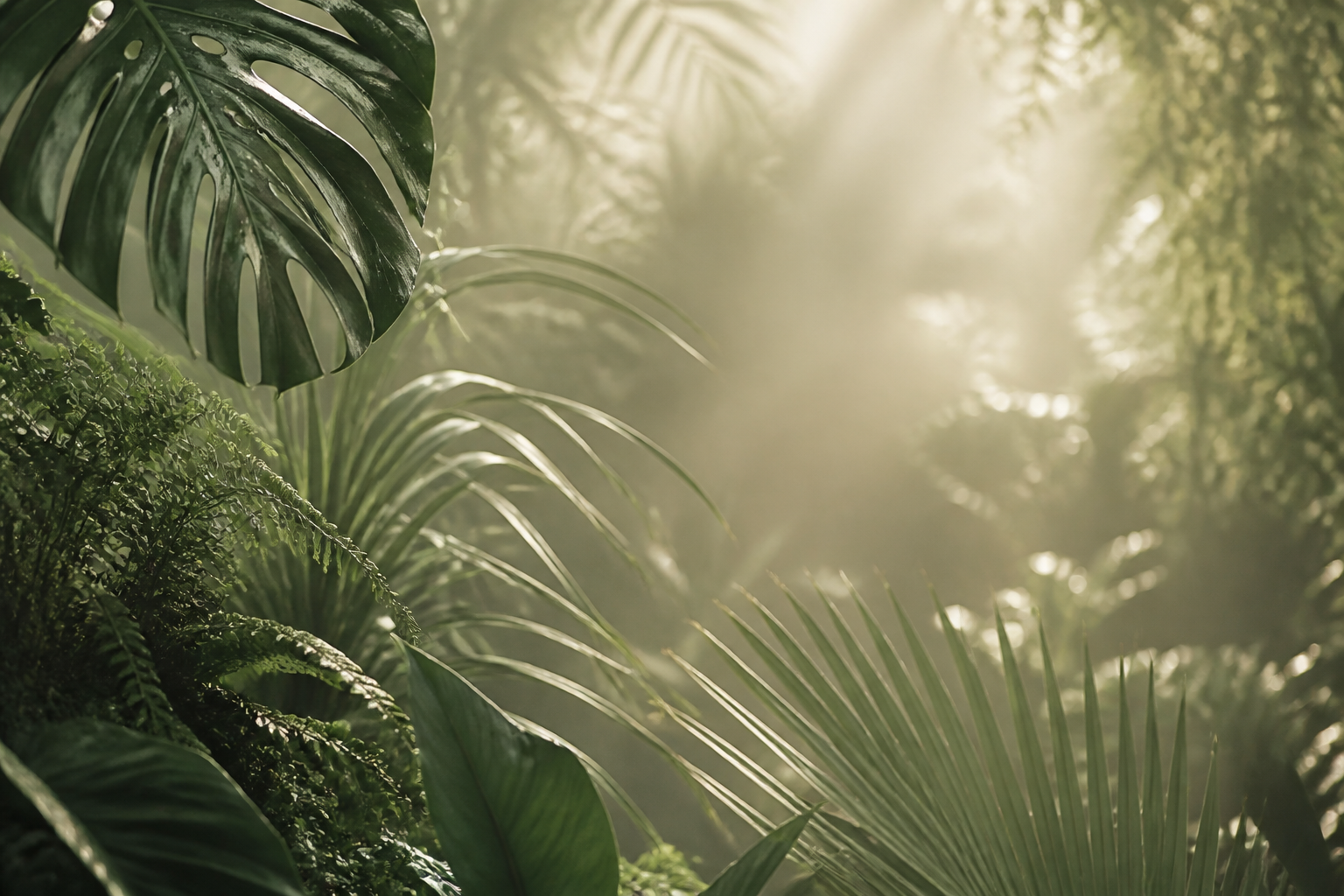 Lush tropical botanicals in soft morning light, brand imagery for Botani Beauty Story