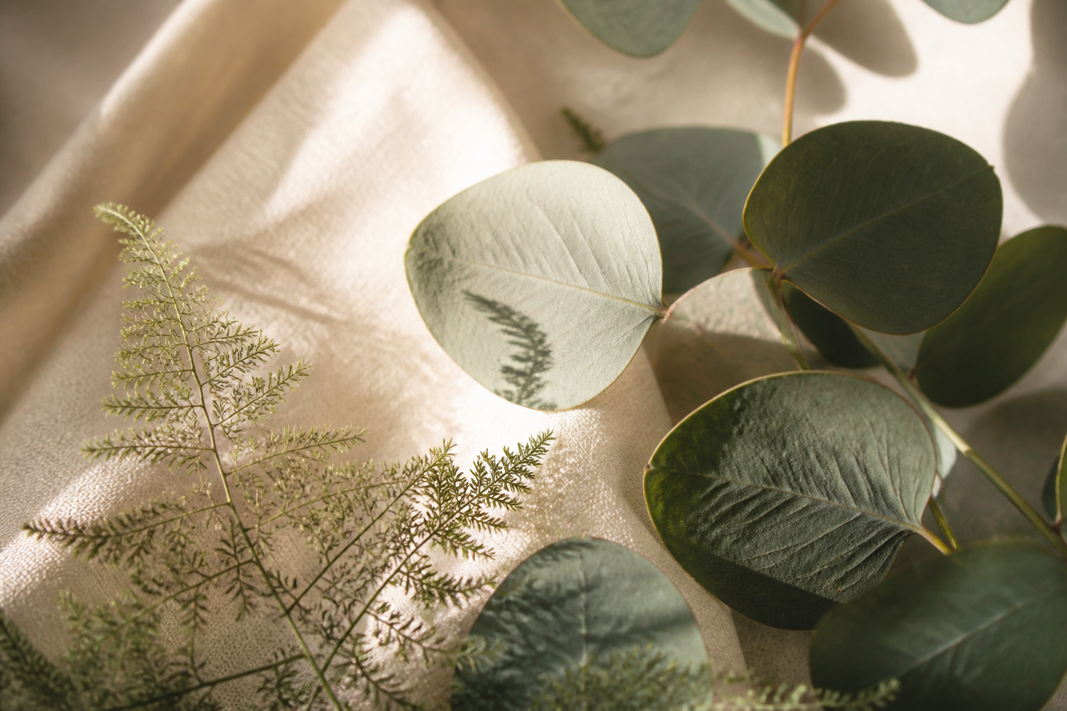 Close-up of eucalyptus and fern leaves on cream linen, botanical brand imagery
