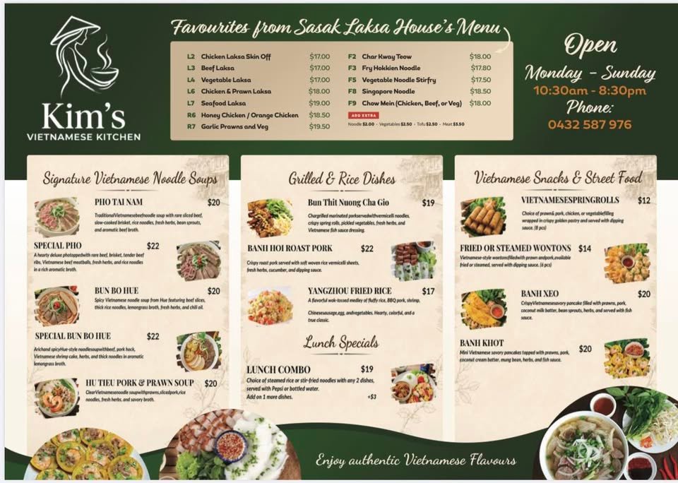 Official printed menu shown on the Sasak Laksa House Facebook page, listing laksa favourites, Vietnamese noodle soups, grilled dishes, and snacks with prices