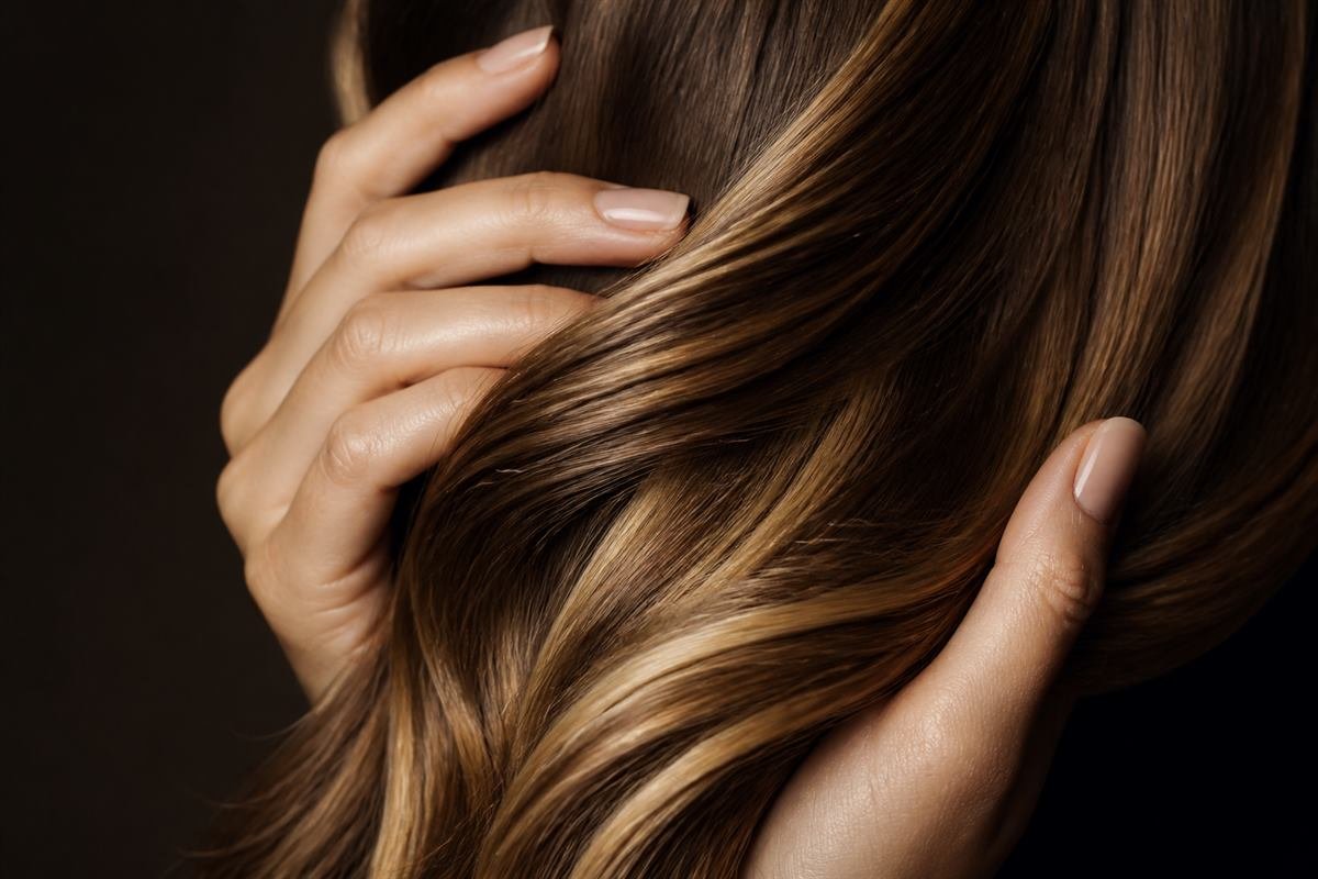 Editorial photograph of chestnut hair with warm caramel colour