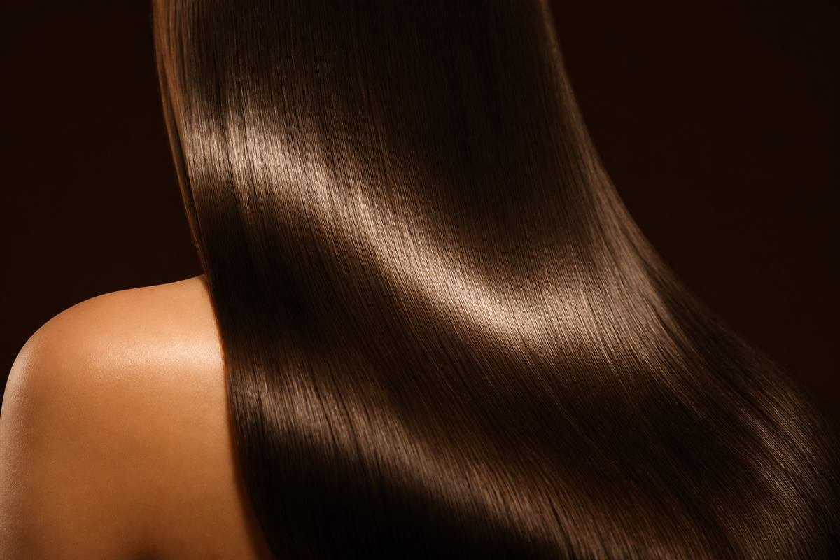 Editorial photograph of sleek straight hair after a smoothing treatment